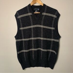 Men’s Panache Sweater Vest Lambswool Gray With Off White Windowpane Plaid Large
